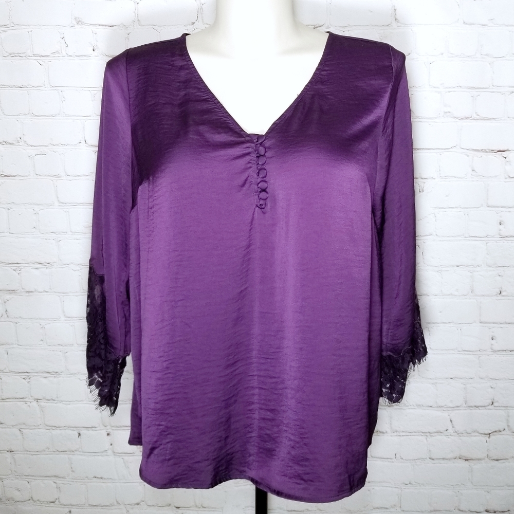 Torrid plum eggplant purple satin lace trim blouse